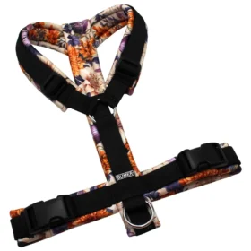 BUMER Hundegeschirr, gepolstert ohne geteilten Bruststeg, Größe M, Gurtband PREMIUM Pitch Black, Softshell Lilien Paradise, Ringe silberfarbig (Edelstahl), Schnallen schwarz (DURAFLEX®)