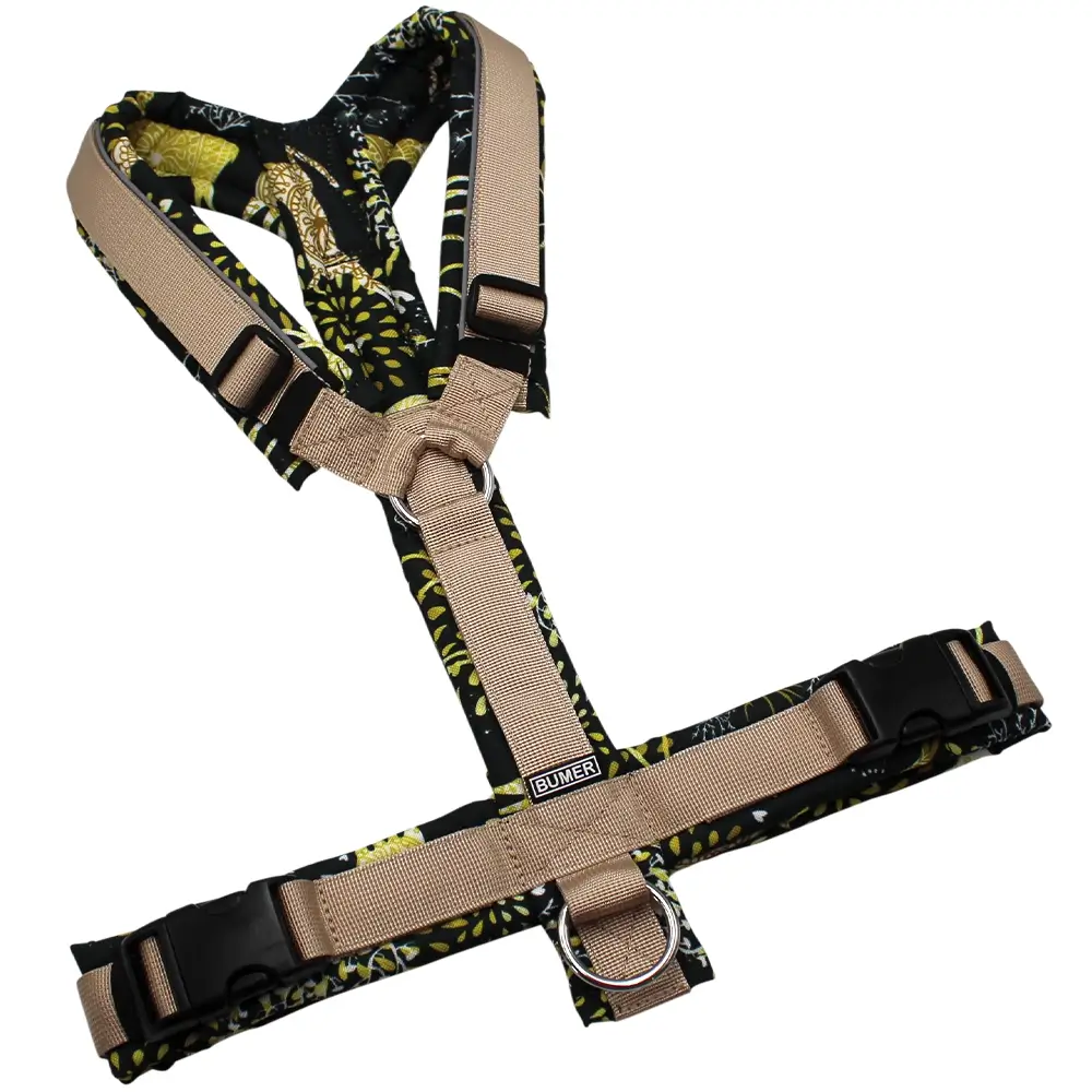 BUMER Hundegeschirr, gepolstert ohne geteilten Bruststeg, Größe M, Gurtband PREMIUM Soft Beige, OXFORD Motiv, Ringe silberfarbig (Edelstahl), Schnallen schwarz