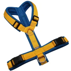 BUMER Hundegeschirr, gepolstert ohne geteilten Bruststeg, Größe M, Gurtband PREMIUM Sunburst Yellow, MESH Petrol, Ringe silberfarbig (Edelstahl), schwarz (DURAFLEX®)