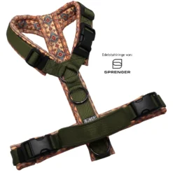 BUMER Hundegeschirr, gepolstert ohne geteilten Bruststeg, Größe M, Gurtband PREMIUM Wiesen Salbei, Softshell BOHO #1, Ringe schwarz (Edelstahl), Schnallen schwarz (DURAFLEX®), Haltegriff, Zusatzringe & Schnalle
