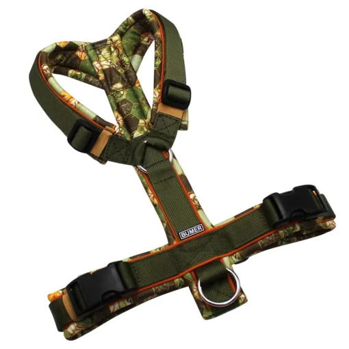 BUMER Hundegeschirr, gepolstert ohne geteilten Bruststeg, Größe M, Gurtband PREMIUM Wiesen Salbei, Softshell Waben Olive, Ringe silberfarbig (Edelstahl), Schnallen schwarz (DURAFLEX®)