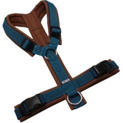 BUMER Hundegeschirr, gepolstert ohne geteilten Bruststeg, Größe M, Gurtband PREMIUM X Petrol, Softshell Kupferkastanie, Ringe silberfarbig (Edelstahl), Schnallen schwarz (DURAFLEX®)