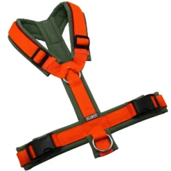 BUMER Hundegeschirr, gepolstert ohne geteilten Bruststeg, Größe M, Gurtband PREMIUM X Safran Glut, Softshell Cactus Green, Ringe silberfarbig (Edelstahl), Schnallen schwarz (DURAFLEX®)