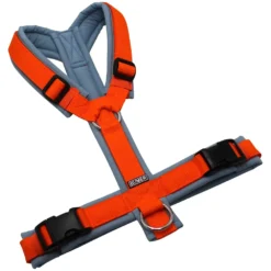 BUMER Hundegeschirr, gepolstert ohne geteilten Bruststeg, Größe M, Gurtband PREMIUM X Safran Glut, Softshell Nebelblau, Ringe silberfarbig (Edelstahl), Schnallen schwarz (DURAFLEX®)