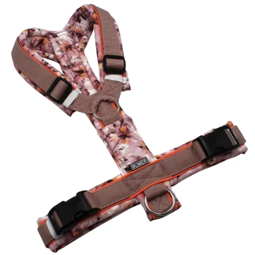 BUMER Hundegeschirr, gepolstert ohne geteilten Bruststeg, Größe M, Gurtband Schmutziges Rosa, Softshell Dusky Petals (AQUARELLBLUMEN), Ringe silberfarbig (Edelstahl), Schnallen schwarz (DURAFLEX®), Applikation