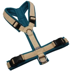 BUMER Hundegeschirr, gepolstert ohne geteilten Bruststeg, Größe M, Gurtband Standard PLUS Creme, Softshell Curacao Splash, Ringe silberfarbig (Edelstahl), Schnallen schwarz (DURAFLEX®)