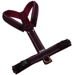 BUMER Hundegeschirr, gepolstert ohne geteilten Bruststeg, Größe S, Gurtband Aubergine, Softshell MULTICOLOR, Ringe Rosegoldfarbig, Schnallen schwarz, Paspel grau REFLEX (komplett)