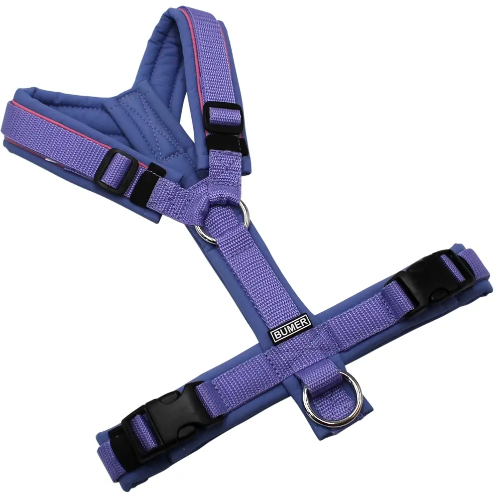 BUMER Hundegeschirr, gepolstert ohne geteilten Bruststeg, Größe S, Gurtband Lila, Softshell Schieferblau, Ringe silberfarbig (Edelstahl), Schnallen schwarz