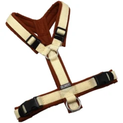 BUMER Hundegeschirr, gepolstert ohne geteilten Bruststeg, Größe S, Gurtband Natur, Softshell Karamell, Ringe silberfarbig (Edelstahl), Schnallen schwarz (DURAFLEX®)