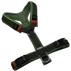 BUMER Hundegeschirr, gepolstert ohne geteilten Bruststeg, Größe S, Gurtband PREMIUM Camouflage Green, Softshell Cactus Green, Ringe silberfarbig (Edelstahl), Schnallen schwarz (DURAFLEX®)