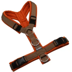 BUMER Hundegeschirr, gepolstert ohne geteilten Bruststeg, Größe S, Gurtband PREMIUM Caramel Rust, Softshell Oxidrot, Ringe silberfarbig (Edelstahl), Schnallen schwarz (DURAFLEX®), Zusatzring Rückensteg