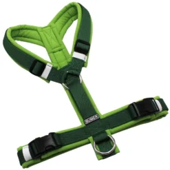 BUMER Hundegeschirr, gepolstert ohne geteilten Bruststeg, Größe S, Gurtband PREMIUM Evergreen Dream, Softshell Lime, Ringe silberfarbig (Edelstahl), Schnallen schwarz (DURAFLEX®), Trackerschlaufe