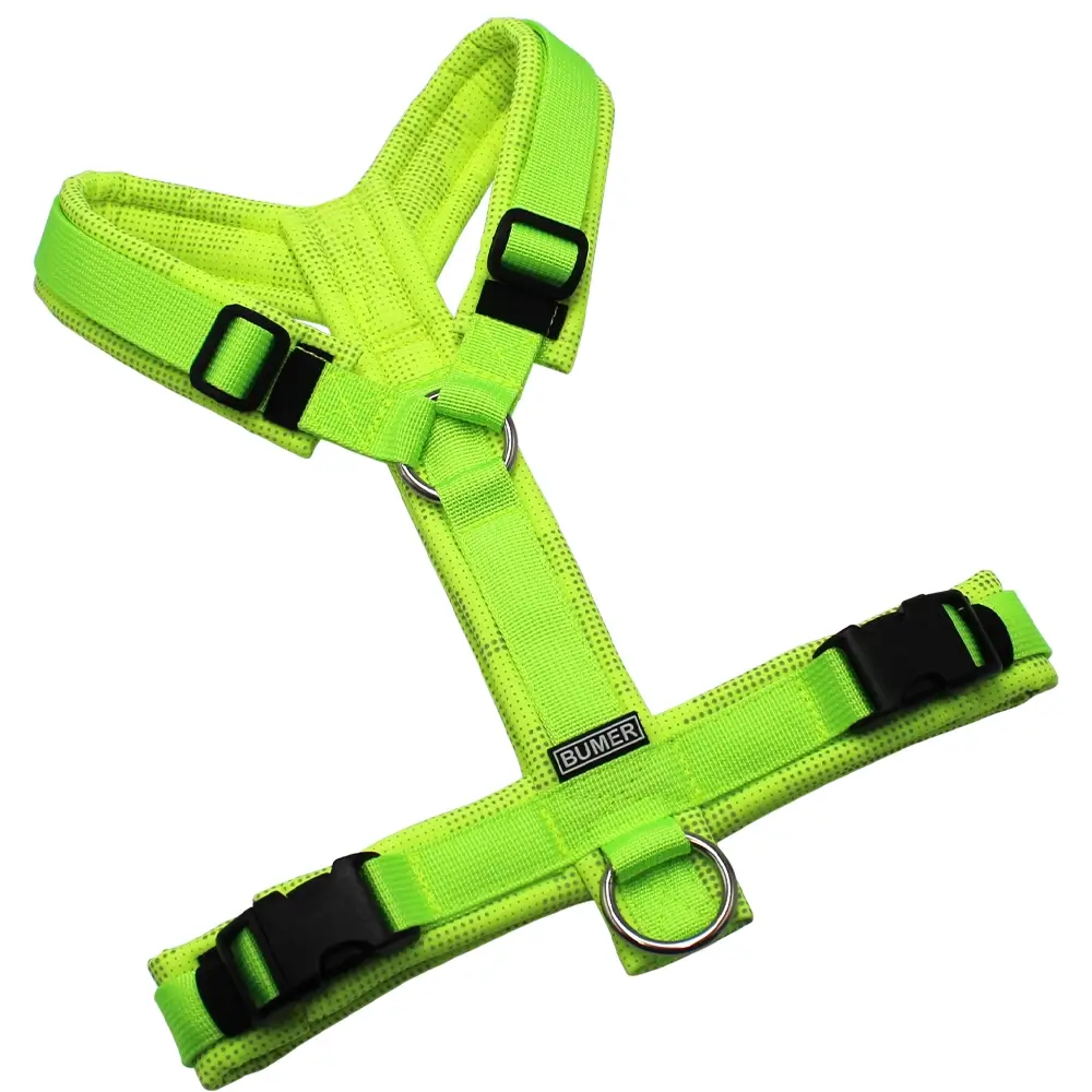 BUMER Hundegeschirr, gepolstert ohne geteilten Bruststeg, Größe S, Gurtband PREMIUM Neonlime, Softshell Camou REFLEX Neongelb, Ringe silberfarbig (Edelstahl), Schnallen schwarz