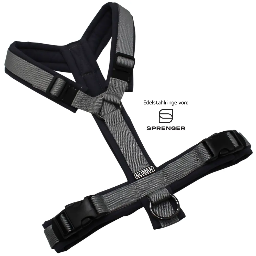 BUMER Hundegeschirr, gepolstert ohne geteilten Bruststeg, Größe S, Gurtband PREMIUM Pearly Horizon, Softshell Cool Grey, Ringe schwarz (Edelstahl), Schnallen schwarz (DURAFLEX®)