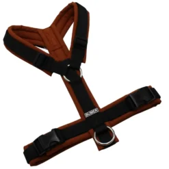 BUMER Hundegeschirr, gepolstert ohne geteilten Bruststeg, Größe S, Gurtband PREMIUM Pitch Black, Softshell Karamell, Ringe silberfarbig (Edelstahl), Schnallen schwarz (DURAFLEX®)