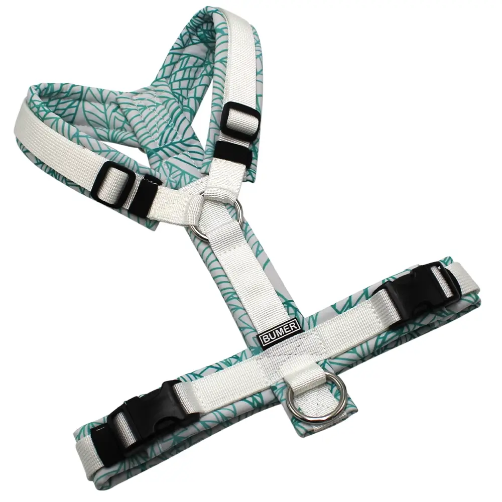BUMER Hundegeschirr, gepolstert ohne geteilten Bruststeg, Größe S, Gurtband PREMIUM Silken Snow, Softshell Turquoise Twirl, Ringe silberfarbig (Edelstahl), Schnallen schwarz (DURAFLEX®)