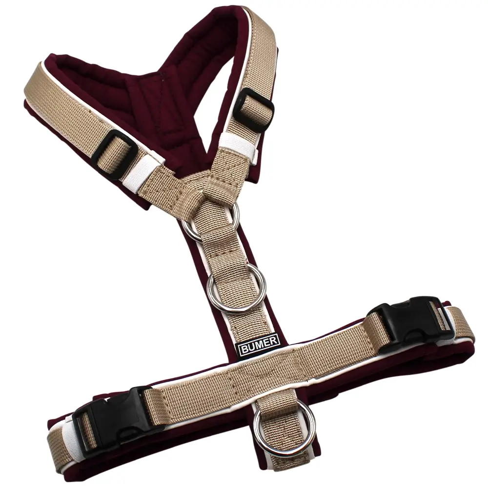 BUMER Hundegeschirr, gepolstert ohne geteilten Bruststeg, Größe S, Gurtband PREMIUM Soft Beige, Softshell Rubintango, Ringe silberfarbig (Edelstahl), Schnallen schwarz (DURAFLEX®), Zusatzring Rückensteg