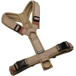 BUMER Hundegeschirr, gepolstert ohne geteilten Bruststeg, Größe S, Gurtband PREMIUM Soft Beige, Softshell Sandgrege, Ringe goldfarbig, Schnallen schwarz (DURAFLEX®)