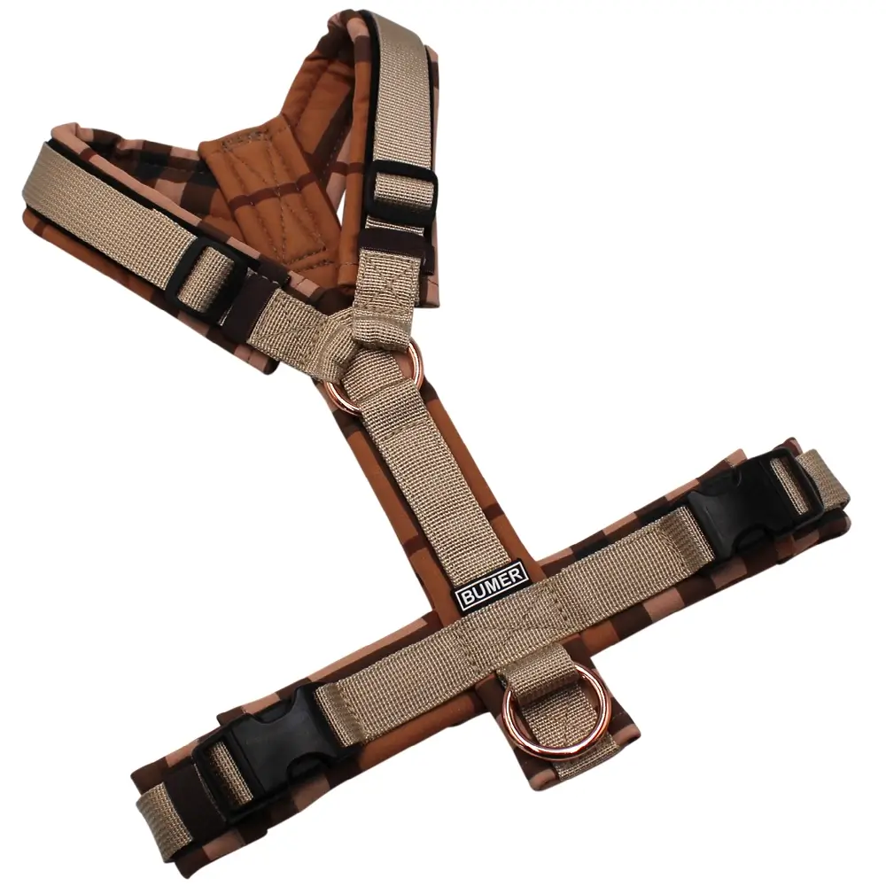 BUMER Hundegeschirr, gepolstert ohne geteilten Bruststeg, Größe S, Gurtband PREMIUM Soft Beige, Softshell TARTANMOTIVE, Ringe rosegoldfarbig, Schnallen schwarz (DURAFLEX®)