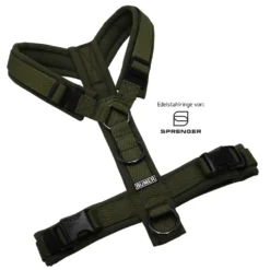 BUMER Hundegeschirr, gepolstert ohne geteilten Bruststeg, Größe S, Gurtband PREMIUM Wiesensalbei, Softshell Olive, Ringe schwarz (Edelstahl), Schnallen schwarz (DURAFLEX®), Zusatzring Rückensteg