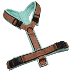 BUMER Hundegeschirr, gepolstert ohne geteilten Bruststeg, Größe S, Gurtband PREMIUM X Hellbraun, Softshell Jadenluft, Ringe silberfarbig (Edelstahl), Schnallen DURAFLEX®, Paspel Antikbraun (komplett)