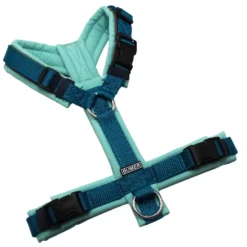 BUMER Hundegeschirr, gepolstert ohne geteilten Bruststeg, Größe S, Gurtband PREMIUM X Petrol, Softshell Jadenluft, Ringe silberfarbig (Edelstahl), Schnallen schwarz, Paspel, Zusatzschnalle