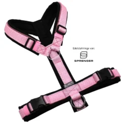 BUMER Hundegeschirr, gepolstert ohne geteilten Bruststeg, Größe S, Gurtband PREMIUM X Rosenzart, Softshell Schwarz, Ringe schwarz (Edelstahl), Schnallen schwarz (DURAFLEX®)
