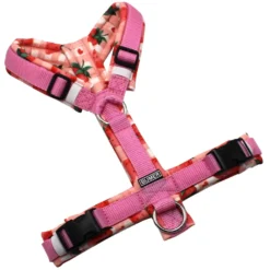 BUMER Hundegeschirr, gepolstert ohne geteilten Bruststeg, Größe S, Gurtband Pink, Softshell Strawberry Crush, Ringe silberfarbig (Edelstahl), Schnallen schwarz (DURAFLEX®)