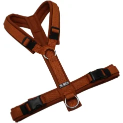 BUMER Hundegeschirr, gepolstert ohne geteilten Bruststeg, Größe S/M, Gurtband Hellbraun, Softshell Karamell, Ringe silberfarbig (Edelstahl), Schnallen schwarz ( DURAFLEX®)