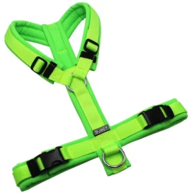 BUMER Hundegeschirr, gepolstert ohne geteilten Bruststeg, Größe S/M, Gurtband PREMIUM Neonlime, Softshell Neongrün, Ringe silberfarbig (Edelstahl), Schnallen schwarz (DURAFLEX®)