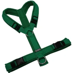 BUMER Hundegeschirr, gepolstert ohne geteilten Bruststeg, Größe S/M, Gurtband PREMIUM X Fern Fantasy, Softshell Farngrün, Ringe silberfarbig (Edelstahl), Schnallen schwarz (DURAFLEX®)