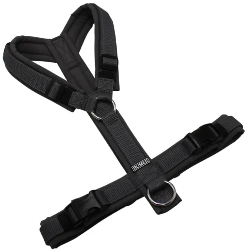 BUMER Hundegeschirr, gepolstert ohne geteilten Bruststeg, Größe S/M, Gurtband Dunkelgrau, Softshell Mittelgrau, Ringe silberfarbig (Edelstahl), Schnallen schwarz (DURAFLEX®)