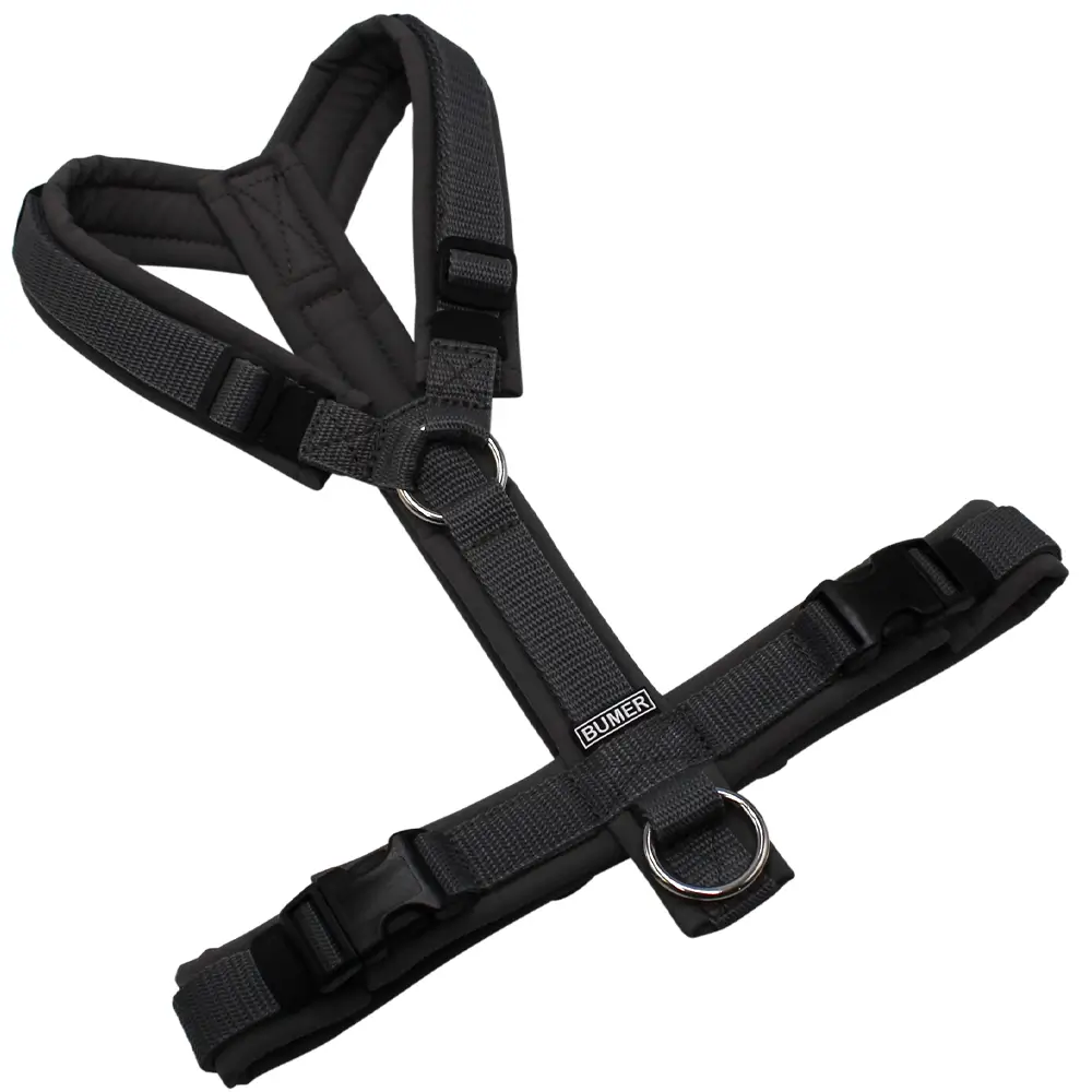 BUMER Hundegeschirr, gepolstert ohne geteilten Bruststeg, Größe S/M, Gurtband Dunkelgrau, Softshell Mittelgrau, Ringe silberfarbig (Edelstahl), Schnallen schwarz (DURAFLEX®)