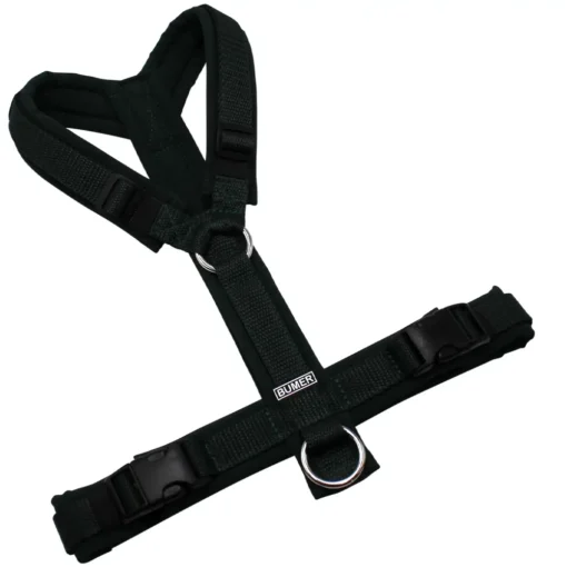 BUMER Hundegeschirr, gepolstert ohne geteilten Bruststeg, Größe S/M, Gurtband Dunkelgrün, Softshell Waldnachtgrün, Ringe silberfarbig (Edelstahl), Schnallen schwarz