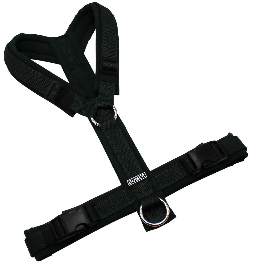 BUMER Hundegeschirr, gepolstert ohne geteilten Bruststeg, Größe S/M, Gurtband Dunkelgrün, Softshell Waldnachtgrün, Ringe silberfarbig (Edelstahl), Schnallen schwarz