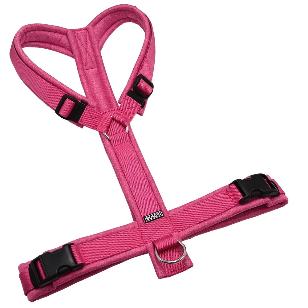 BUMER Hundegeschirr, gepolstert ohne geteilten Bruststeg, Größe XL, Gurtband PREMIUM Himbeer Sorbet, Softshell Pink meliert, Ringe silberfarbig (Edelstahl), Schnallen schwarz (DURAFLEX®)