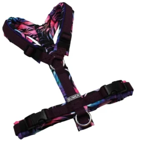 BUMER Hundegeschirr, gepolstert ohne geteilten Bruststeg, Größe XS, Gurtband Aubergine, OXFORD Palmenblätter, Ringe silberfarbig (Edelstahl), Schnallen schwarz (DURAFLEX®)