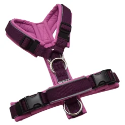 BUMER Hundegeschirr, gepolstert ohne geteilten Bruststeg, Größe XS, Gurtband Aubergine, Softshell Kirschblüte, Ringe silberfarbig (Edelstahl), Schnallen DURAFLEX®, Paspel komplett, Zusatzring, Haltegriff