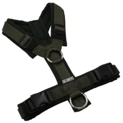 BUMER Hundegeschirr, gepolstert ohne geteilten Bruststeg, Größe XS, Gurtband Dunkelolive, Softshell Dunkelolive, Ringe silberfarbig (Edelstahl), Schnallen schwarz