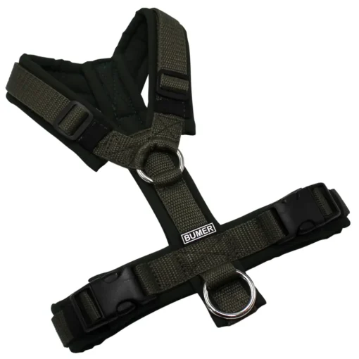 BUMER Hundegeschirr, gepolstert ohne geteilten Bruststeg, Größe XS, Gurtband Dunkelolive, Softshell Dunkelolive, Ringe silberfarbig (Edelstahl), Schnallen schwarz