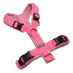 BUMER Hundegeschirr, gepolstert ohne geteilten Bruststeg, Größe XS, Gurtband Dunkelpink, Softshell Rosenquarz, Ringe goldfarbig, Schnallen DURAFLEX®