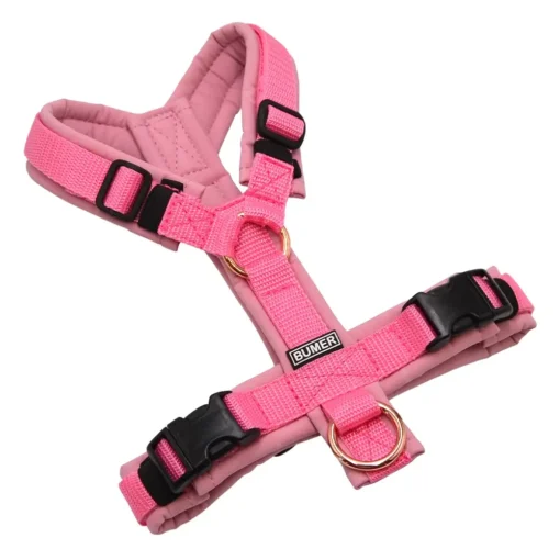 BUMER Hundegeschirr, gepolstert ohne geteilten Bruststeg, Größe XS, Gurtband Dunkelpink, Softshell Rosenquarz, Ringe goldfarbig, Schnallen DURAFLEX®