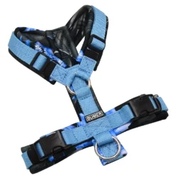 BUMER Hundegeschirr, gepolstert ohne geteilten Bruststeg, Größe XS, Gurtband Eisblau, Softshell Palmenblätter in blau, Ringe silberfarbig (Edelstahl), Schnallen DURAFLEX®