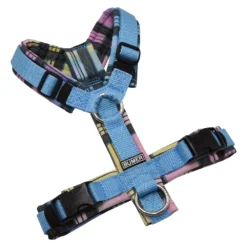 BUMER Hundegeschirr, gepolstert ohne geteilten Bruststeg, Größe XS, Gurtband Eisblau, Softshell TARTAN #1, Ringe silberfarbig (Edelstahl), Schnallen DURAFLEX®