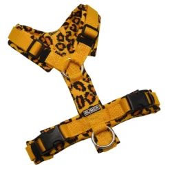 BUMER Hundegeschirr, gepolstert ohne geteilten Bruststeg, Größe XS, Gurtband Gold, Softshell LEOPARD #2, Ringe silberfarbig (Edelstahl), Schnallen DURAFLEX®, Applikation