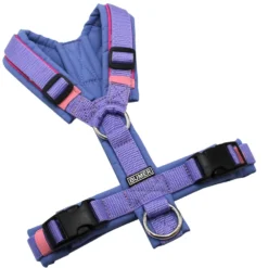BUMER Hundegeschirr, gepolstert ohne geteilten Bruststeg, Größe XS, Gurtband Lila, Softshell Schieferblau, Ringe silberfarbig (Edelstahl), Schnallen schwarz, Paspel Pink