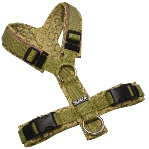 BUMER Hundegeschirr, gepolstert ohne geteilten Bruststeg, Größe XS, Gurtband Moos, Softshell BOHO #3, Ringe silberfarbig (Edelstahl), Schnallen DURAFLEX®, Paspel Smoky Violet