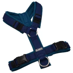 BUMER Hundegeschirr, gepolstert ohne geteilten Bruststeg, Größe XS, Gurtband Navy, Softshell Tiefseeblau, Ringe silberfarbig (Edelstahl), Schnallen DURAFLEX®