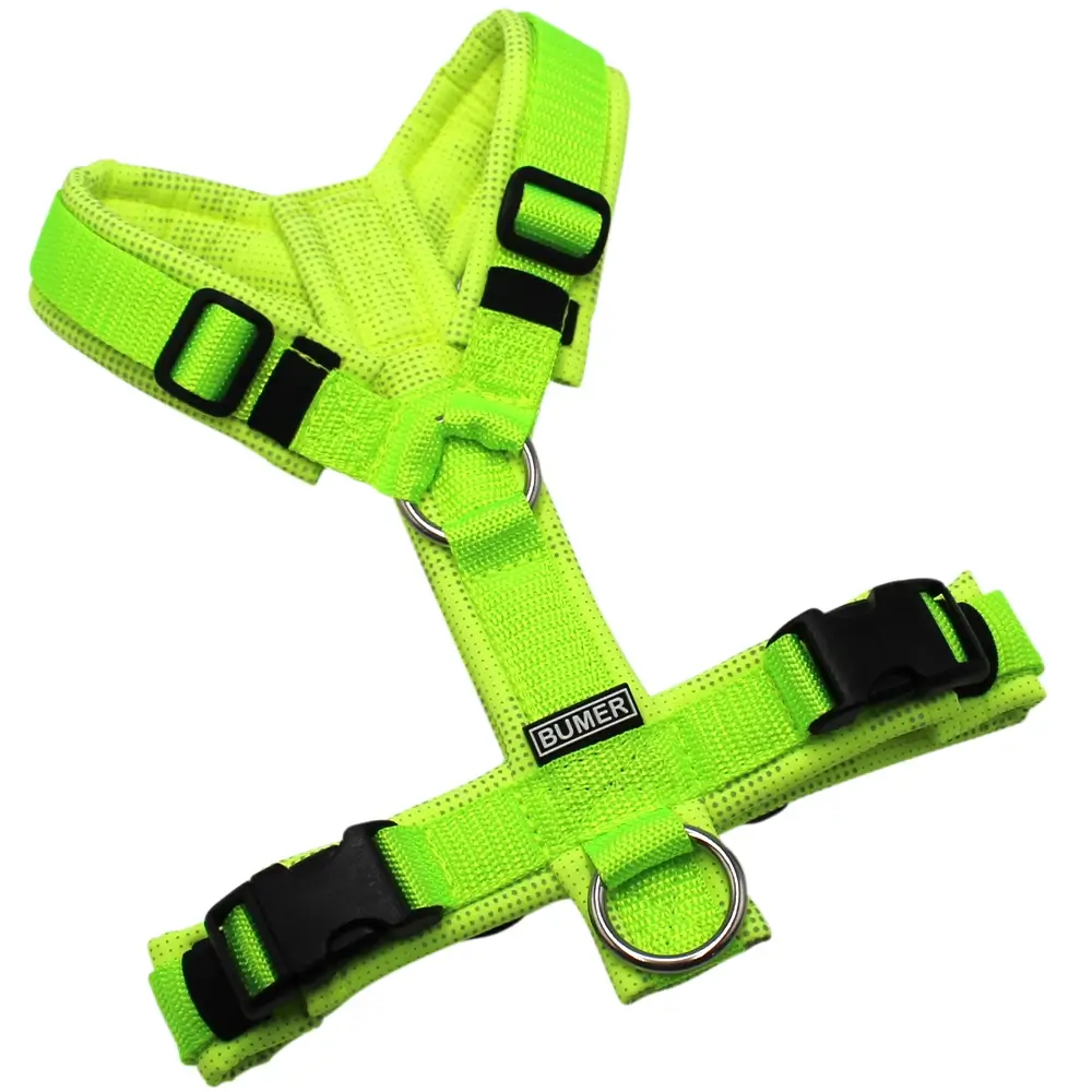 BUMER Hundegeschirr, gepolstert ohne geteilten Bruststeg, Größe XS, Gurtband Neongrün, Softshell Camou REFLEX Gelb, Ringe silberfarbig (Edelstahl), Schnallen schwarz (DURAFLEX®)
