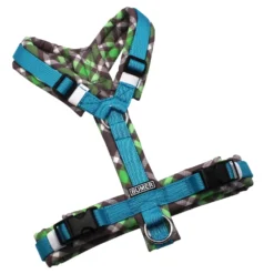 BUMER Hundegeschirr, gepolstert ohne geteilten Bruststeg, Größe XS, Gurtband PREMIUM Blue Lagoon (15mm), Softshell Forest Fable, Ringe silberfarbig (Edelstahl), Schnallen schwarz (DURAFLEX®)a